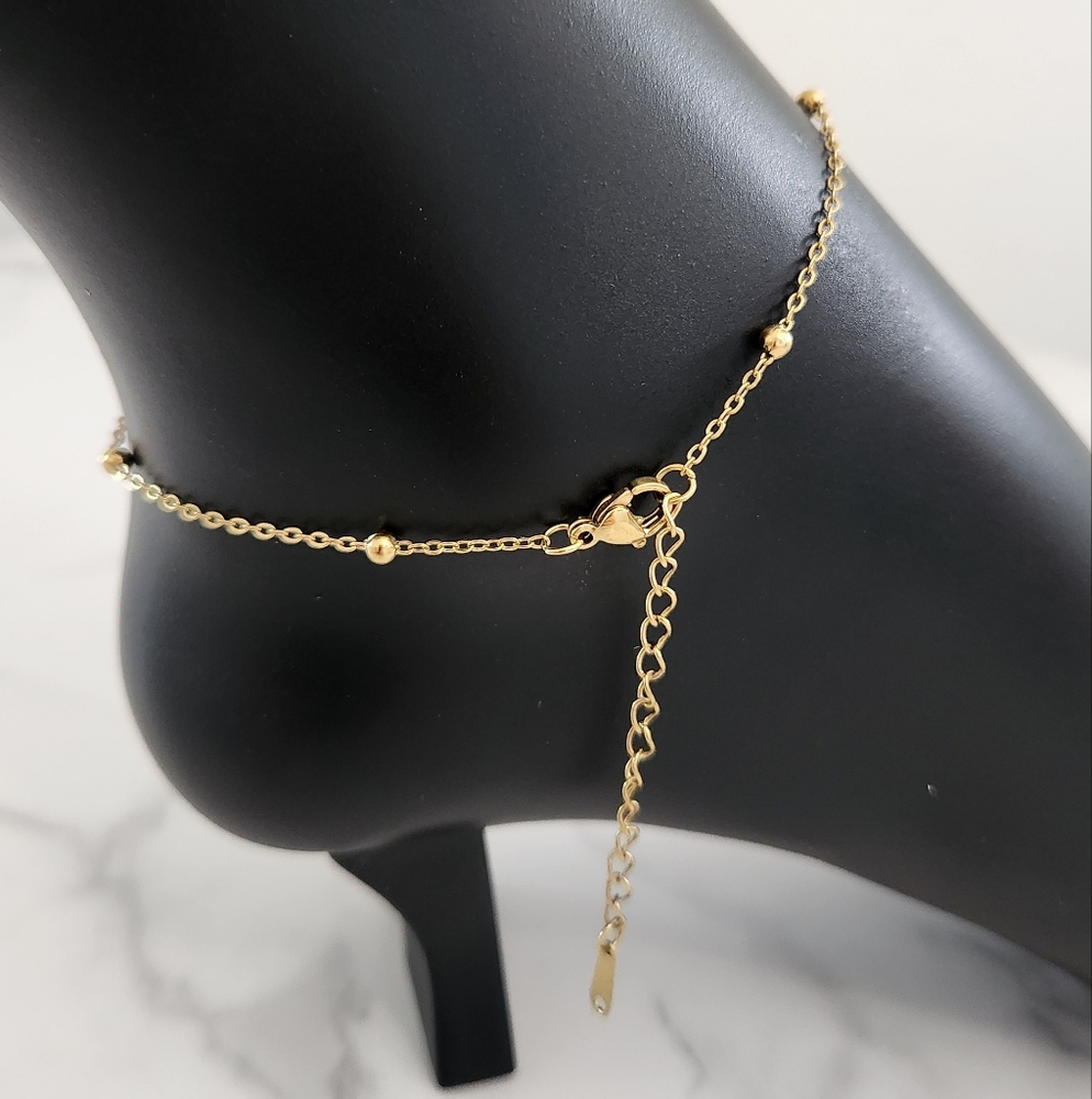 Gold Plated Bow Charm Beaded Chain Adjustable Dainty Anklet - Picture 11 of 12